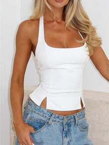 Women's Summer Tank Tops Sleeveless Square Neck Cami Flared Hem Zipper Back Shirts Top - 白色 - 查看 1