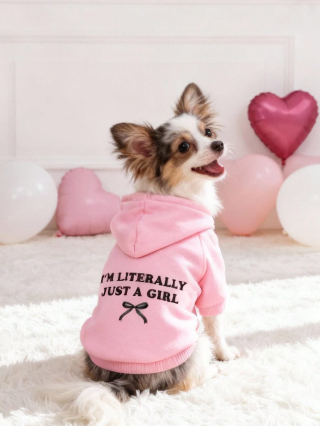 LUCKIE LABO 1pc Valentine's Day Solid Color Bow "I'M LITERALLY JUST A GIRL" Slogan Graphic Print Polyester Hoodie Sweatshirt, Casual Comfortable Warm Breathable Pet Hoodie Suitable For Cats And Dogs Indoor And Outdoor - Baby Pink - View 1