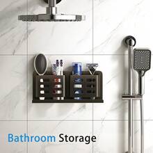 Wall-Mounted Toothbrush Holder, Aluminum Material Shower Shaver Storage Rack, No Drilling Required, Removable Toothpaste 2 Storage Rack,Christmas - Black - View 12