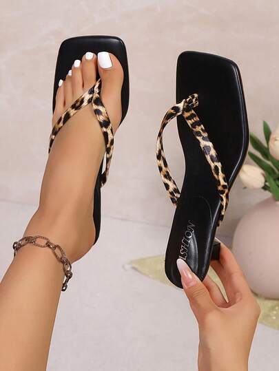 Summer New Soft Leather Square Toe Sandals, Thong Kitten Heel Sandals, Versatile Stilettos Flip Flops For Women