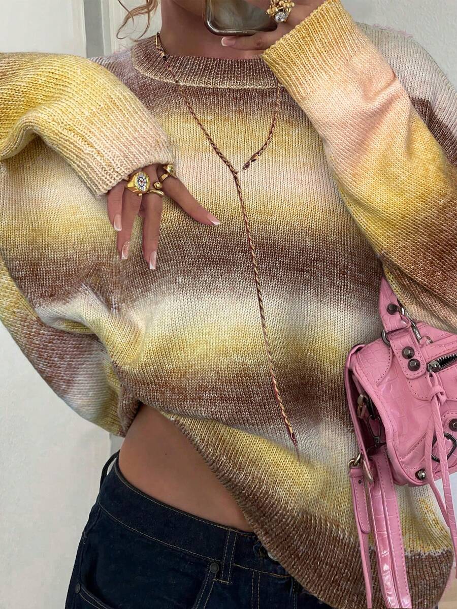 Mejors 女士可爱休闲太空印花彩色 Y2K 街头风宽松长袖针织套头毛衣，圆领日常穿着，秋冬季、上学、圣诞节、感恩节、新年礼物度假皆宜 - 杏黃色 - 查看 1