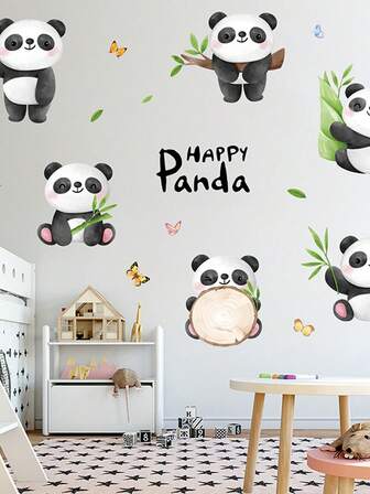 可爱的熊猫和竹子卡通贴纸，动物主题装饰，适用于儿童房和幼儿园教室，自粘式，无需钻孔，耐磨易清洁墙贴。