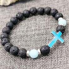 Glow In The Dark Cross Bracelet, Volcanic Stone Luminous Beads Unisex Cuff For Men Women - màu đen - Xem 6