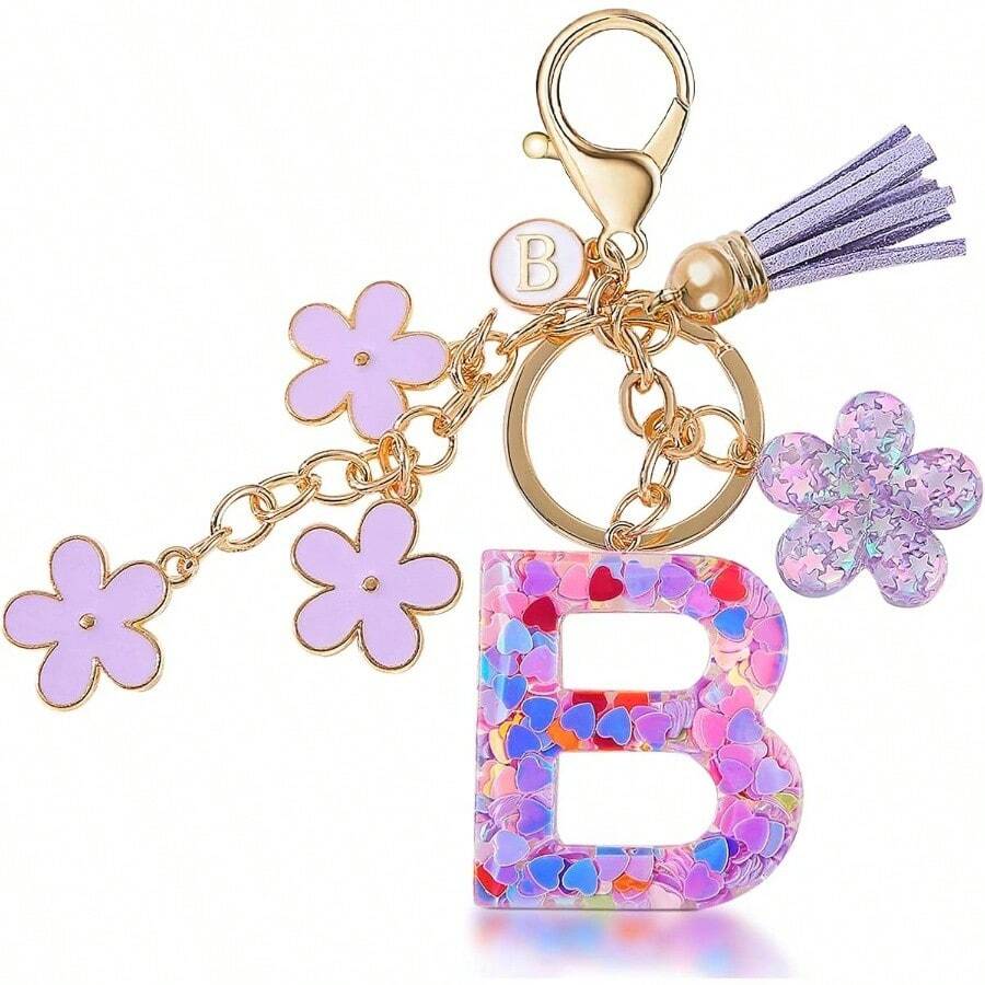 Llavero de Moda Letra Inicial, Llavero con Inicial de Resina, Dije para Bolso Mochilas, Regalo Personalizado para Mujer - Morado + B - Ver 1