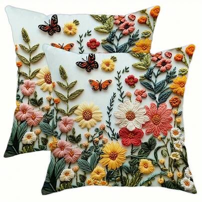 2pcs Floral Print Throw Pillow Covers (Pillow Pattern Is Printed, Not Embroidered), Spring Flower & Butterfly Pattern, Spring Decor, Polyester Fabric Cushion Cover, Bedroom Decor | Pastoral Style, Machine Washable Without Pillow Insert, Spring Decoration, Suitable For Bedroom, Living Room, Car, Sofa, Bed, Seat Decoration
