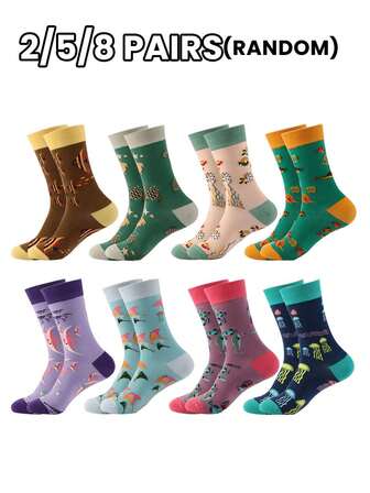 2/5/8 Çift Rastgele Şık Çok Yönlü Yaratıcı AB Asimetrik Yüksek Bilekli Çoraplar Çizgi Film Hayvan, Alet ve Karakter Desenleriyle
