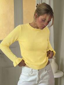 Áo len nữ mùa thu màu vàng kem, cổ tròn, viền bèo, tay dài, kiểu dáng tối giản, thoải mái, phù hợp mặc hàng ngày, đi trà chiều, công sở, đi học. - Màu vàng - Xem 4
