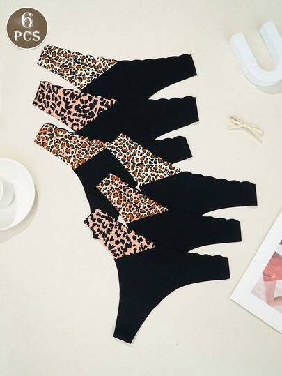 6条/包 豹纹混色扇贝边丁字裤 女士舒适透气撞色G字裤 性感内裤 柔软亲肤内裤 日常穿着 女士内衣