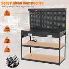 Banco de trabajo resistente ajustable de 60 pulgadas con función rodante, encimera de madera de caucho y marco de acero laminado en frío, con cajones, cable de alimentación de 9 pies, con tablero perforado, negro, adecuado para uso en oficina y garaje. - Multicolor - Ver 3