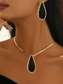 2pcs/Set New Creative Geometric Teardrop Black & Gold Casual Minimalist European & American Chic Street Style Set - Yellow Gold - View 4