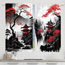 2pcs Set Red Floral Landscape Print Blackout Curtains - Rod Pocket Design For Privacy & Heat Insulation, Perfect For Bedroom And Living Room Decor, Machine Washable Polyester Drapes - Multicolor - View 8