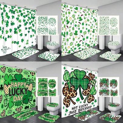 1件/4件套圣帕特里克节心形四叶草浴帘套装，优雅乔迁新居浴帘礼品，现代家居浴室装饰浴帘，含12个挂钩的浴帘、防滑浴垫、U型马桶垫、马桶盖套，浴室套装，春季装饰