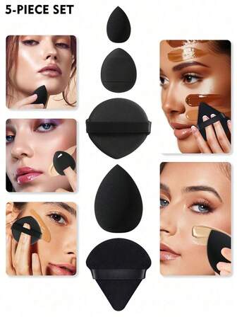 Set de 5/50 esponjas de maquillaje, incluye: 10 piezas de esponjas para base de maquillaje líquido + 10 piezas de esponjas mini para base de maquillaje líquido + 10 piezas de borlas triangulares para polvos sueltos y fijación + 10 piezas de borlas de cojín de aire (para maquillaje facial) + 10 piezas de borlas de cojín de aire mini (para corrector)