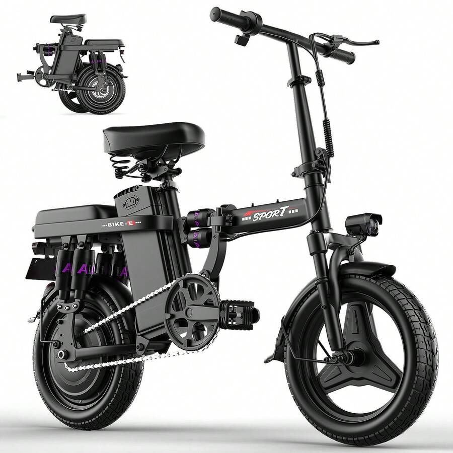 Electric Bike For Adults Teens, Folding Ebike,Commuter City Foldable E Bike With 500W Motor And 48V 15Ah Battery, 20MPH Speed Pedals Assist,32 Mi Long Range, Dual Disc Brakes,14" Compact Electric Bicycle - 黑色 - 查看 1