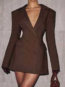 优雅深V领迷你连衣裙，女士长袖针织A字连衣裙，纽扣细节设计，棕色连衣裙，春季款 - 棕色 - 查看 15