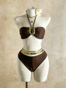 2026 New European & American Style Deep Brown Bandeau Metal Ring Crop Top + Mesh High Waist Maxi Skirt Sexy Vacation 2-Piece Set For Women - Brown - View 6