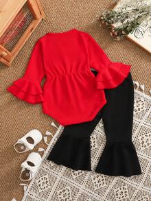 2pcs Baby Girls' Crew Neck Long Sleeve Floral Embroidery Bow Bodysuit + Brown Flare Pants Set - Multicolor - View 2