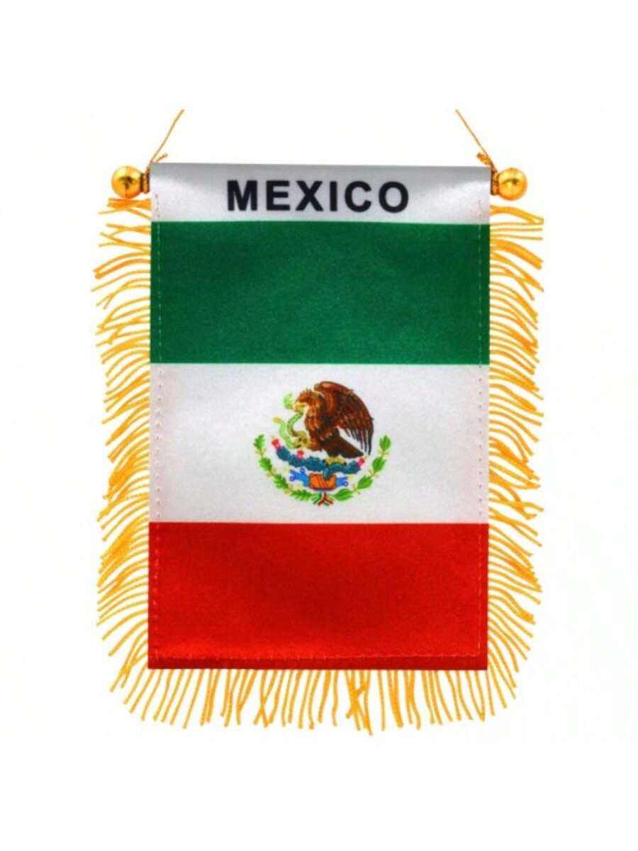 Mini Bandera de México con Flecos Dorados - Adorno para Retrovisor