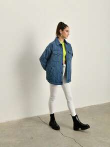 Denim Striped Jacket - Blue - MADE IN TURKEY - Navy Blue - View 3
