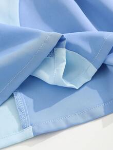 Girls' Light Blue Top With Contrasting Dark Blue Panels, Lace Trim Accent, Ruffle Hem Design, Smooth Flowing Fabric, Fresh And Sweet Style, Gentle And Playful, Suitable For Spring/Summer Wear - Blue - View 8