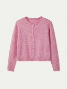 FOR BEAUTY 女士圆领扭结纽扣长袖针织开衫，女士短款宽松舒适休闲粉色毛衣外套，新年