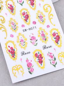 2片3D金属玫瑰美甲贴纸，金色蕾丝条纹边框，粉色和红色玫瑰花瓣波西米亚风春夏贴纸，DIY全息浪漫婚礼情人节美甲沙龙装饰 - 彩色 - 查看 5