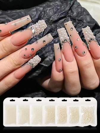 Perlen Nail Art Dekorationen - flach rund & halbrund, hochglänzende, nicht abblätternde weiße japanische Rundperlen, Perlen Nail Art Zubehör, DIY Schmuckherstellung