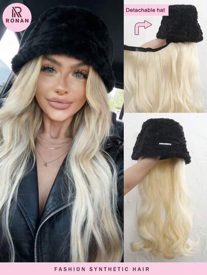 66 cm svart keps + avtagbar peruk i syntetfiber, med stora, gyllene lockar i syntetfiber som tål höga temperaturer, lämplig för vardagsbruk.