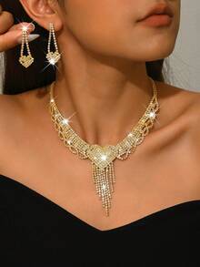 巴洛克风格心形流苏首饰套装：镶满水钻项链+耳环，新娘伴娘婚礼配饰，情人节礼物 - 彩色 - 查看 7