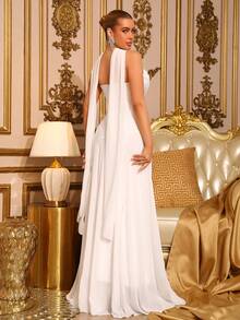 New Women's White Strapless Fishbone Pleated Patchwork Dress Elegant Wedding Bridesmaid Dress Anniversary Christmas Party Dress - White - View 10