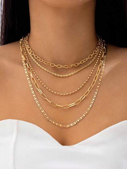 5pcs Minimalist Metal Chain Layered Necklace Set For Women, Suitable For Daily Wear, Casual Gatherings, Gifts