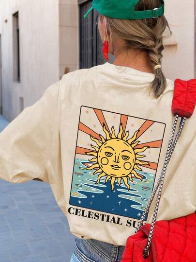 Camiseta de manga corta de cuello redondo casual con estampado gráfico de tótem solar vintage de pop art, top de mujer versátil y de moda