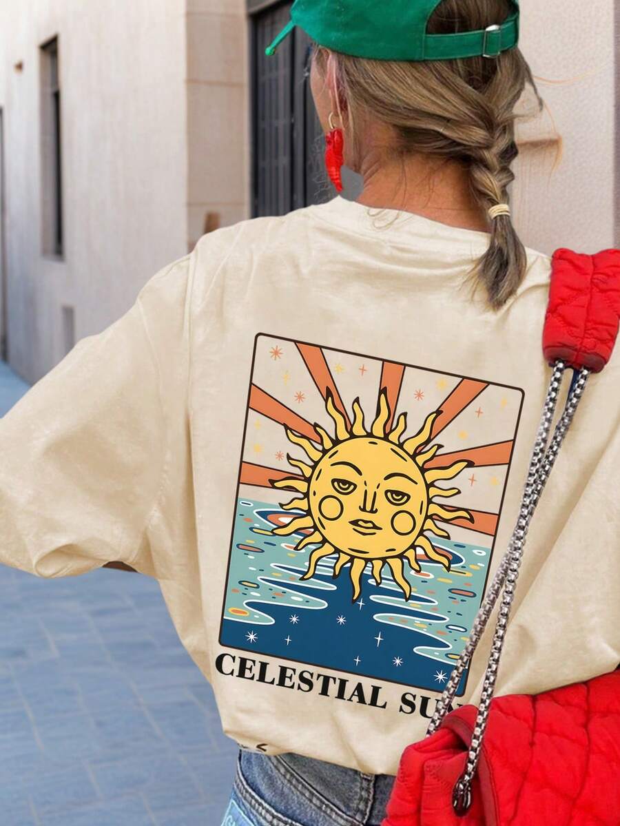 Áo thun tay ngắn cổ tròn họa tiết Totem mặt trời nghệ thuật Pop Art mùa hè mới, thời trang và đa năng cho nữ - Màu be - Xem 1