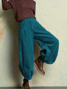 Women's Corduroy Solid Color Casual Pants, Vintage Style, Suitable For Office Wear And Daily Use, All Seasons - Peacock Blue - View 3