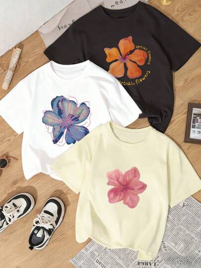 Set de 3 camisetas de mujer de manga corta y cuello redondo con estampado floral simple y casual, de moda y versátiles