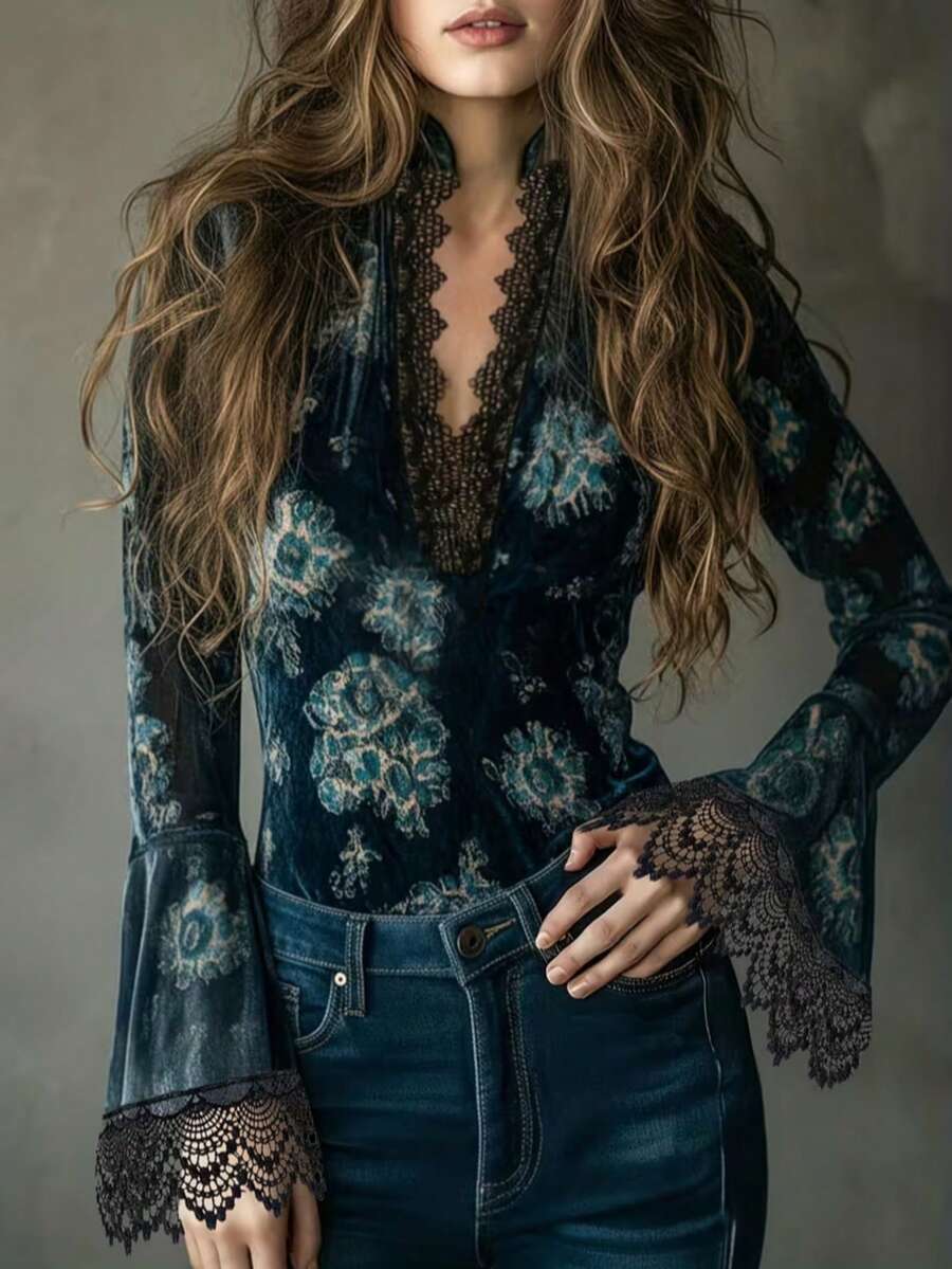 Camicia vintage da donna in pizzo e patchwork - Design elegante in pizzo a contrasto, tessuto con media elasticità, top di moda versatile per primavera e autunno, adatto per vacanze - Blu Navy - Visualizzare 1