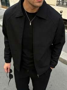 Áo khoác nam dáng suông màu trơn, kiểu dáng đơn giản, có cổ, thích hợp cho mùa thu. - màu đen - Xem 3