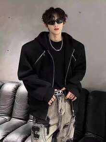 Black Short Zipper Cardigan Sweatshirt Men's Autumn And Winter Clothing High-End Hooded Jacket Jacket For Teenagers - 黑色 - 查看 2