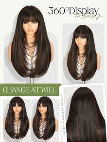 Peluca con flecos negros, peluca recta con capas y flequillo, peluca recta con capas y flequillo en degradado marrón lista para usar, mezcla de marrón, lista para usar, peluca sintética recta de 28 pulgadas de largo sin pegamento, sin pegamento, para uso diario - Resaltar marrón - Ver 2