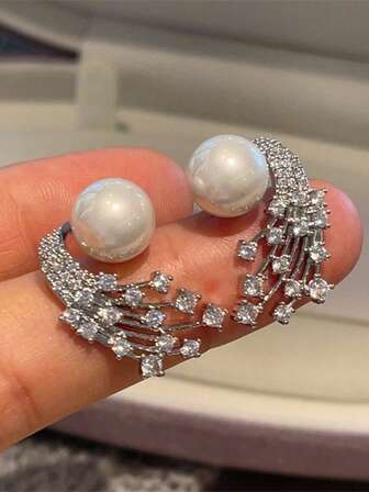 1 Pair Luxury Zirconia Firework & Starry Sky Earrings, Elegant Pearl Meteor Stud Earrings For Women