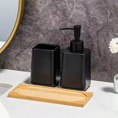 3pcs Bathroom Accessory Set, Reusable Ceramic Soap Dispenser, Toothbrush Holder, Bamboo Tray, Suitable For Hotel Bathroom Decor, Housewarming, New Year, Valentine's Day Gift, Bathroom Essentials