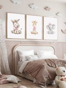 3幅现代女孩动物图案水彩画，粉色蝴蝶结装饰，学期开始主题墙贴，节日礼物，卧室装饰，客厅装饰，办公室装饰，教室装饰，墙面艺术，墙面装饰，家居装饰，房间装饰，帆布墙画，海报，带框墙画，可选画框 - 彩色 - 查看 7