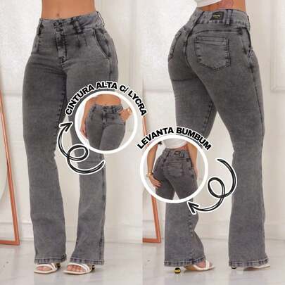 Calça Jeans Flare Feminina  Com Lycra Cintura Alta Modela O Corpo Empina Bumbum