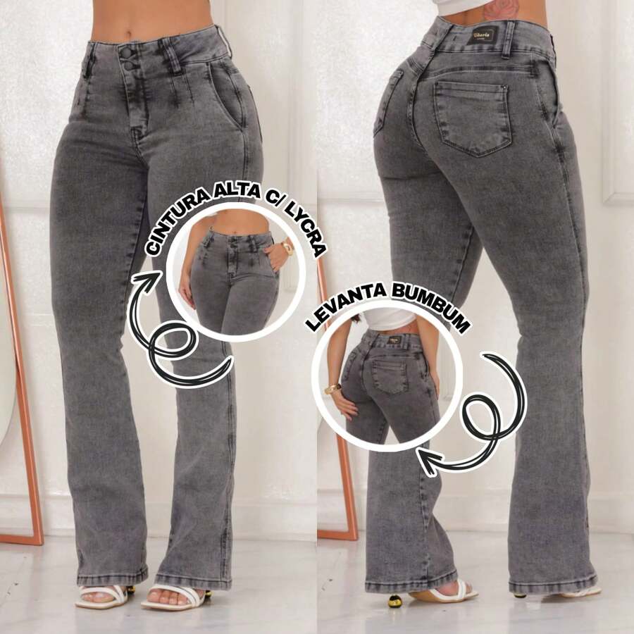 CHC Light Jeans Plain Bell Bottom Ballerina Flare High Waist With Lycra Long Women's Pants - 深灰色 - 查看 1