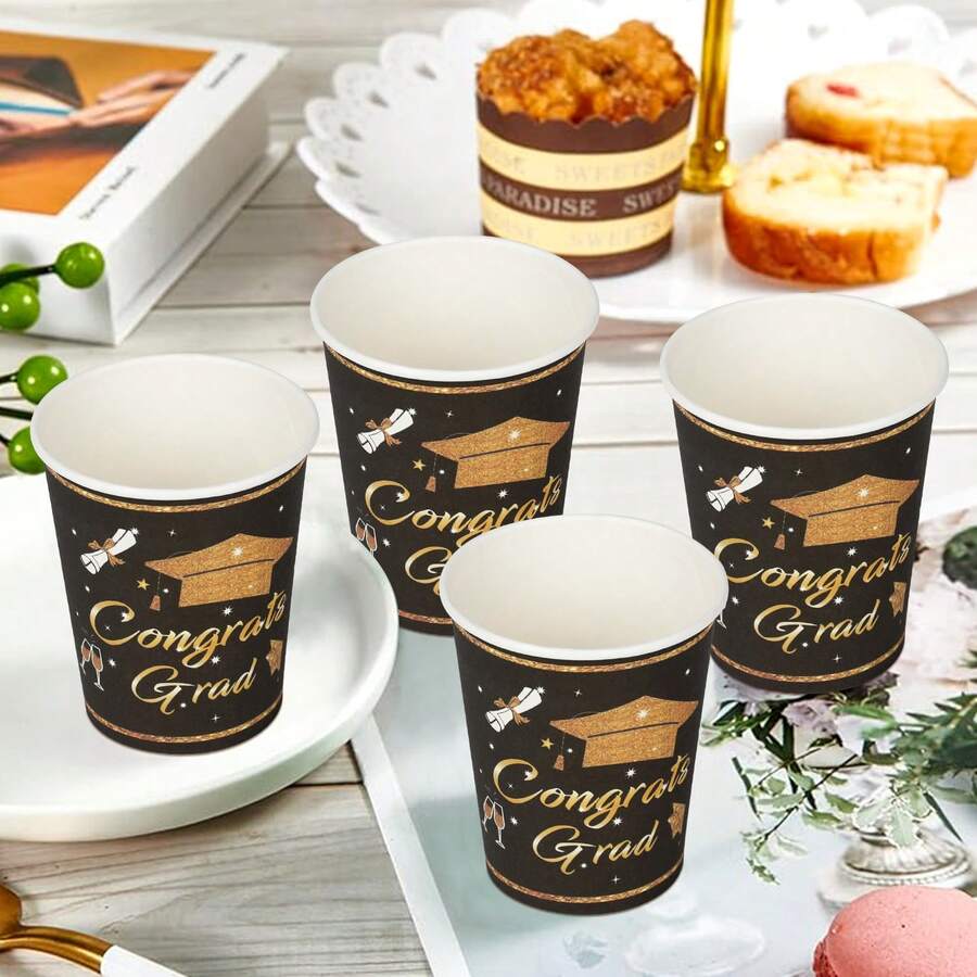1 Pack Graduation Theme Graduation Cap Design 9OZ Paper Cups, Graduation Season Theme Party Disposable Paper Cups - Dark Grey - View 1