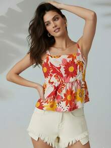 Meimi Amores Printed Tank Top With Tie Detail, Romantic Summer Beach Basic Blouse - Hồng - Xem 2