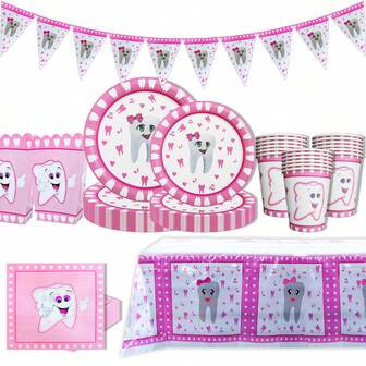 1/10/12/20/81 piezas Suministros para fiesta con tema del primer diente, incluye platos de papel con diente rosa de 7/9 pulgadas, vasos de papel, servilletas, cajas de palomitas, pegatinas para botellas de agua, mantel, nuevo juego de vajilla para fiesta del primer diente, decoraciones para fiesta del primer diente, juego de vajilla desechable para fiesta de revelación de género, juego de vajilla desechable para fiesta de 1er cumpleaños