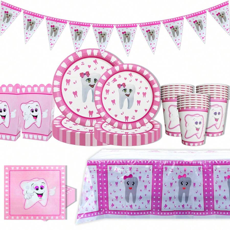 1/10/12/20/81 piezas Suministros para fiesta con tema del primer diente, incluye platos de papel con diente rosa de 7/9 pulgadas, vasos de papel, servilletas, cajas de palomitas, pegatinas para botellas de agua, mantel, nuevo juego de vajilla para fiesta del primer diente, decoraciones para fiesta del primer diente, juego de vajilla desechable para fiesta de revelación de género, juego de vajilla desechable para fiesta de 1er cumpleaños