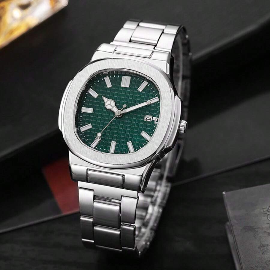 1pc Men's Fashion Steel Band Quartz Wrist Watch, Calendar, Holiday Gift, Gift, Non-Adjustable Strap - Green - View 1