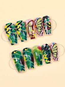 24 st gröna marmorerade långa kista-pressnaglar med gyllene accenter och 3D-fjärilsdesign - Grön - Visa 2